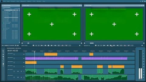 Video editor software interface used for masking clips over green screens during media production
