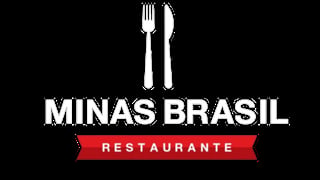 Minas Brasil Restaurante logo with fork and knife icon on black background and red banner