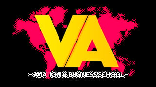 VA Aviation and Business School logo with large yellow letters on pink and black map background